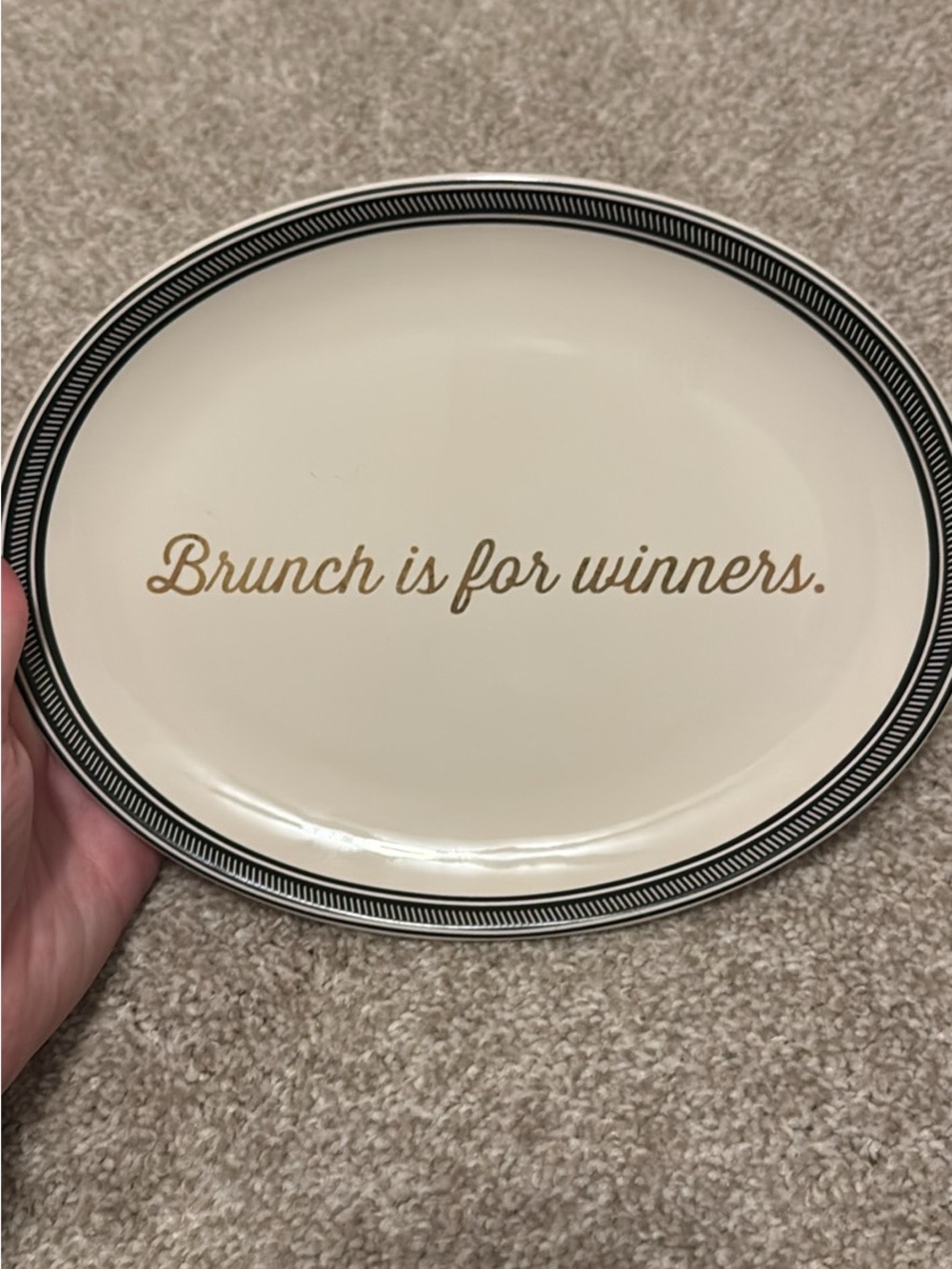 West Elm Cream Plate with Black Rim and Gold Script